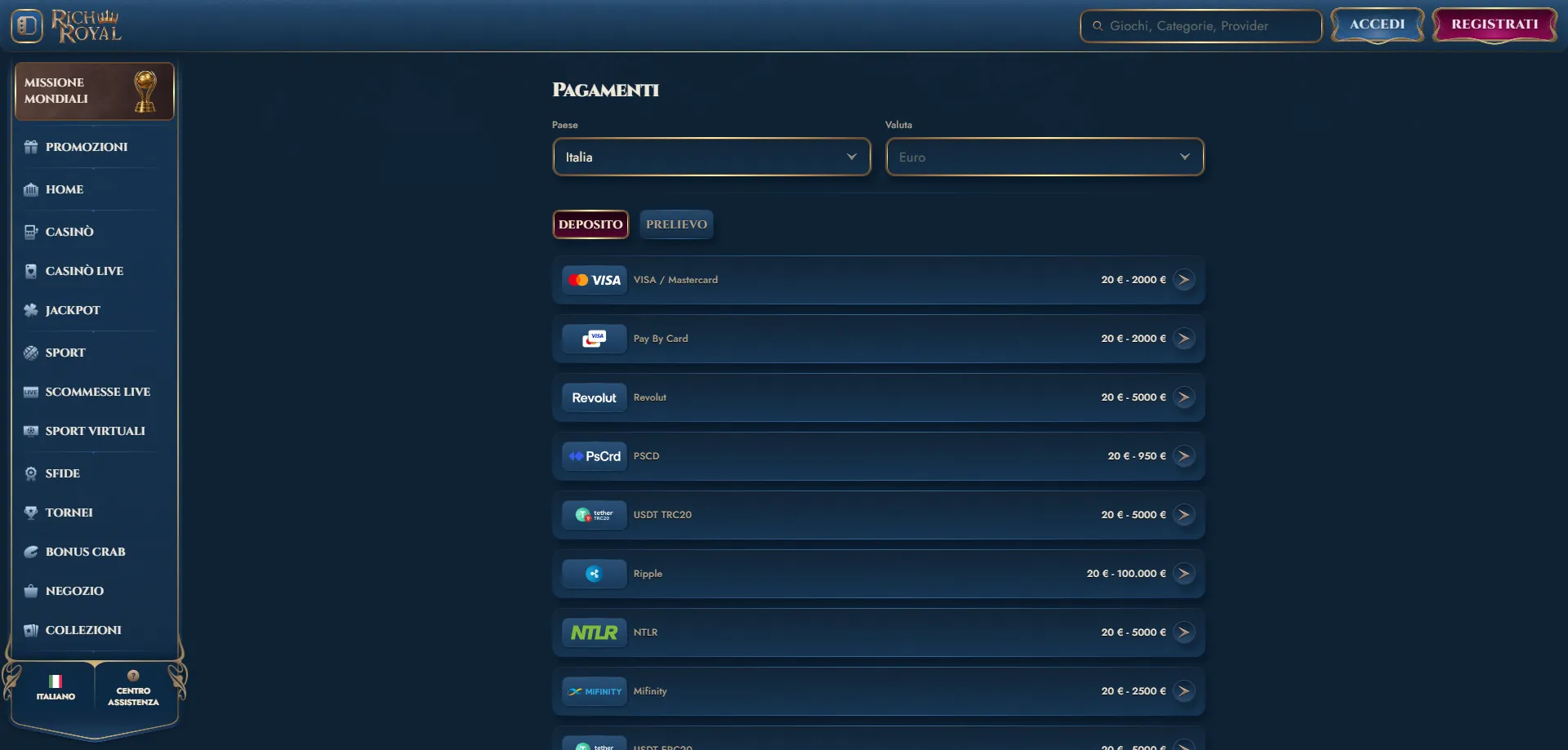 RichRoyal Casino prelievo rapido metodi di pagamento disponibili in Italia